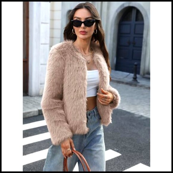 Fluffy Faux Fur Cropped Coat Soft Warm Winter Jacket with Hidden Hooks Pockets - Picture 2 of 7